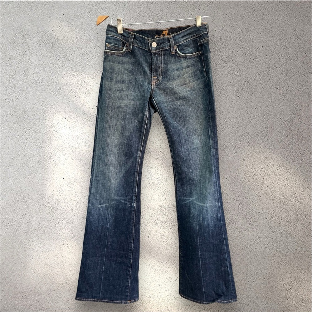 7 for all Mankind Jeans Womens Size27 Yellow Pocket Dark Blue Distressed Bootcut
